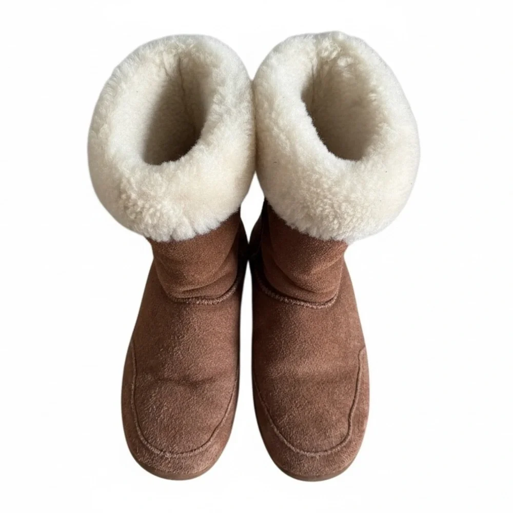 Bearpaw Suede Shearling Lined Short Winter Boots Warm Cozy Chestnut Brown Size 9